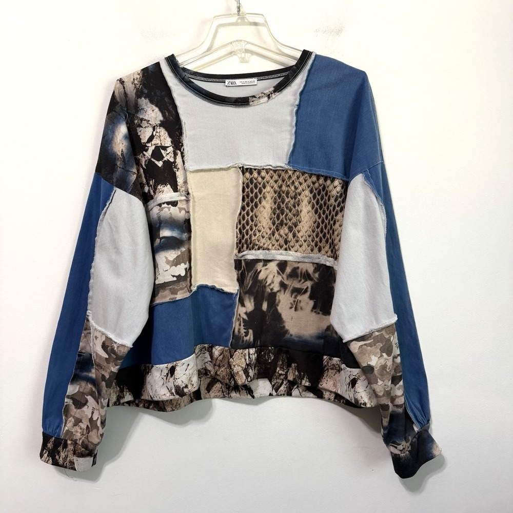 ZARA Sweatshirt S Pullover Patchwork Mixed Media Fringe Denim Boho Relaxed Top